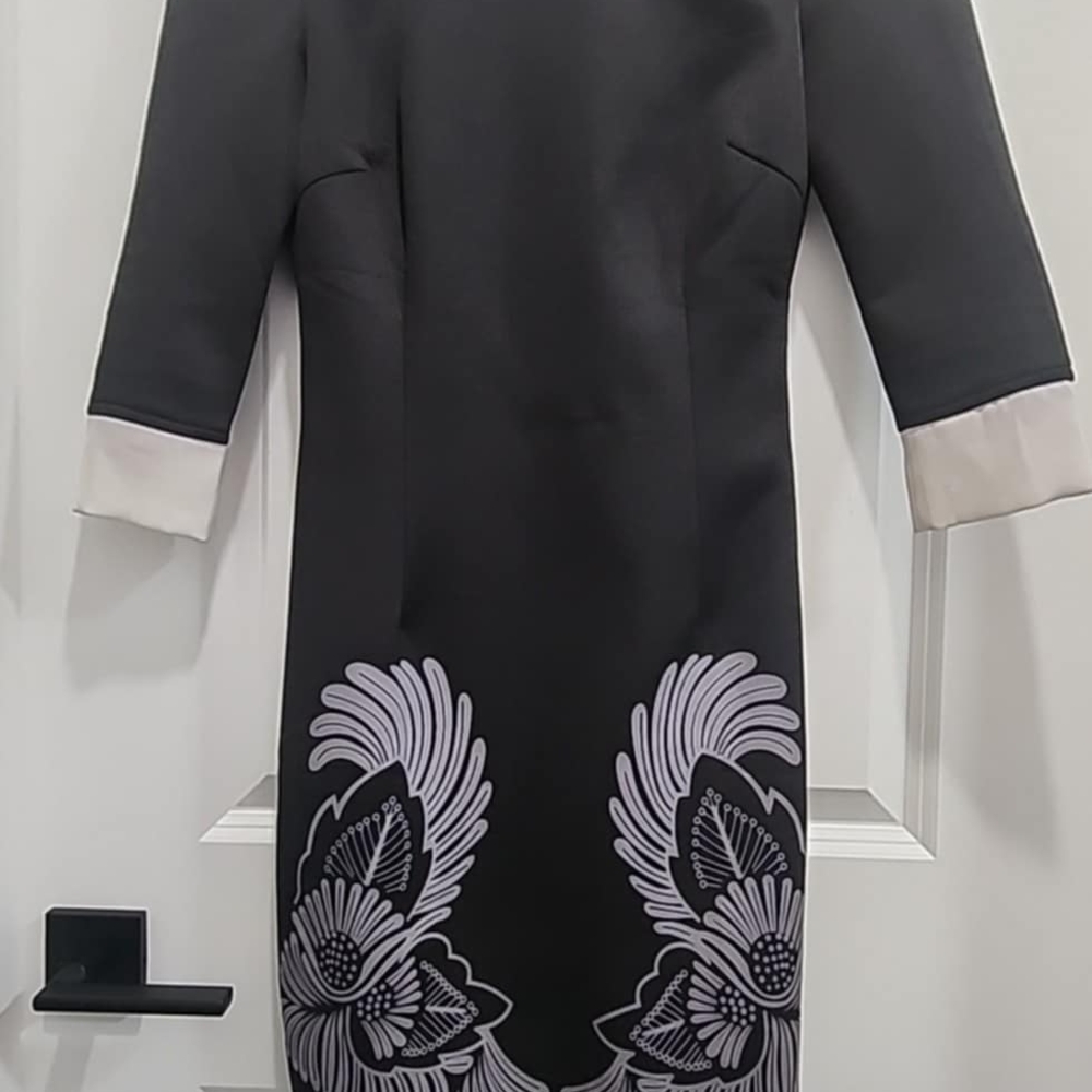 Black and White Sheath Dress with Cuffed 3/4 Sleeves